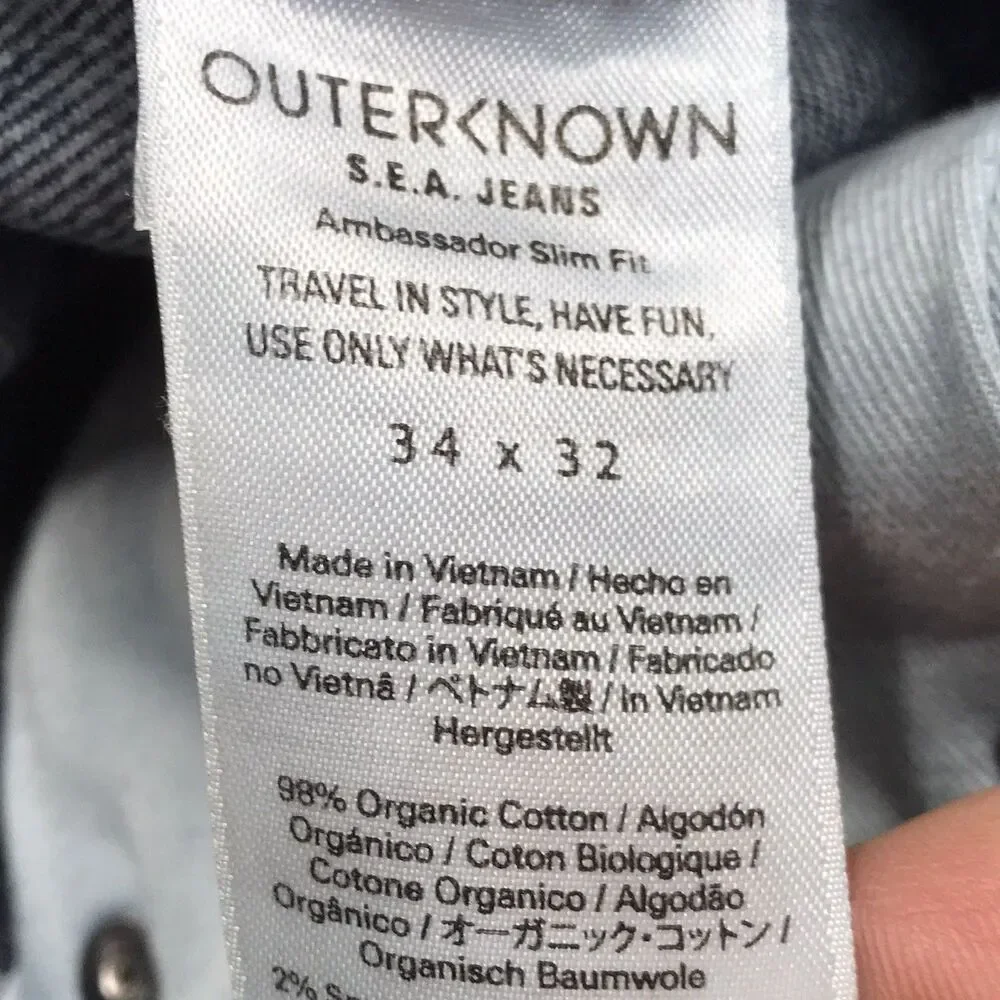 OUTERKNOWN Ambassador Jean Men 36x32 (34/32 tag) Slim Fit Whiskered Stretch SEA